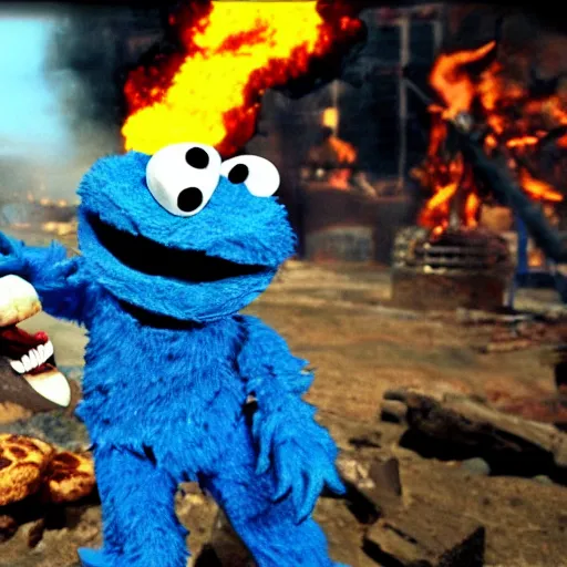 Image similar to cinematic shot, the cookie monster is rambo, explosions in the background