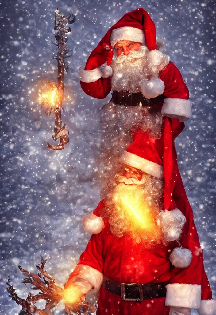 Image similar to gigantic sparkling heavenly glowing santa as a demon in a snowy hell, eerie, dark, magical, fantasy, trending on artstation, digital art.