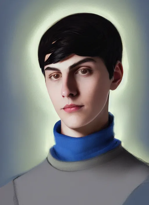 Image similar to portrait of teenage jughead jones wearing a light grey crown, crown, blue turtleneck, closed eyes, eyes closed, slight smile, black hair, intricate, elegant, glowing lights, highly detailed, digital painting, artstation, concept art, smooth, sharp focus, illustration, art by wlop, mars ravelo and greg rutkowski