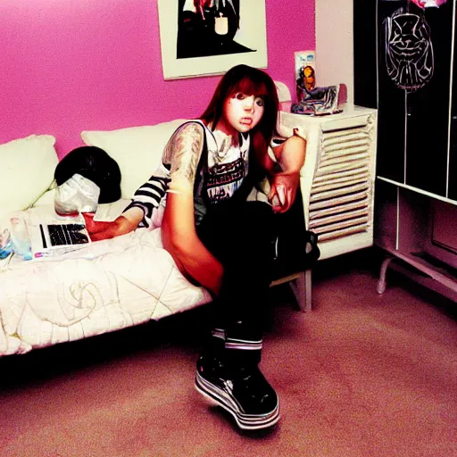 Image similar to 2 0 0 4 photograph, edgy 1 7 - year - old girl in her room, 2 0 0 4, y 2 k fashion, punk girl, mallcore girl