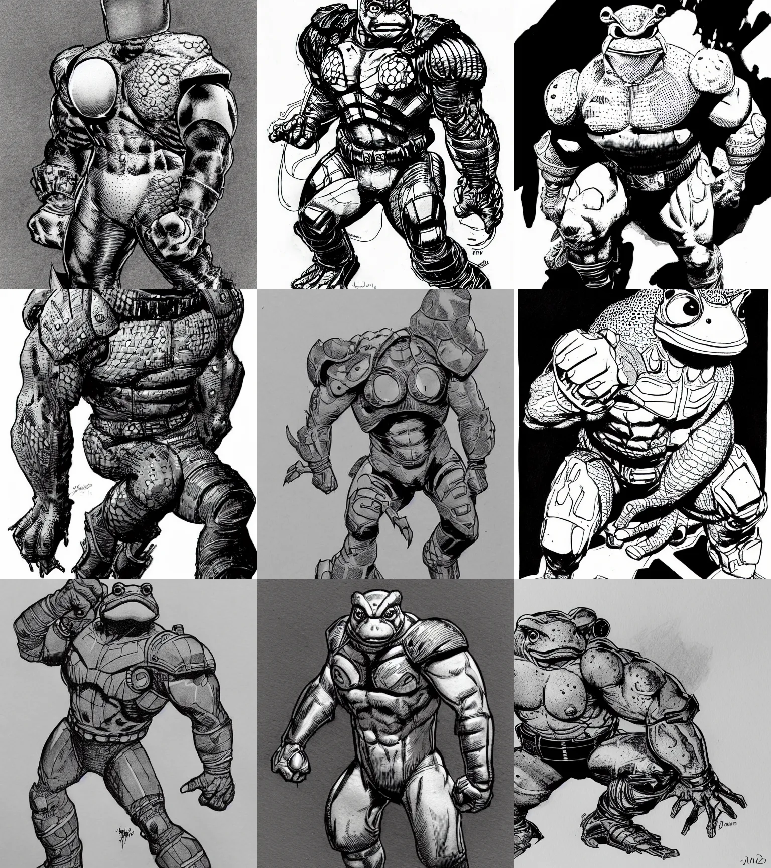 Image similar to toad animal!!! jim lee!!! medium shot!! flat grayscale ink sketch by jim lee close up in the style of jim lee, cyborg! armored hunter hulk toad animal looks at the camera by jim lee