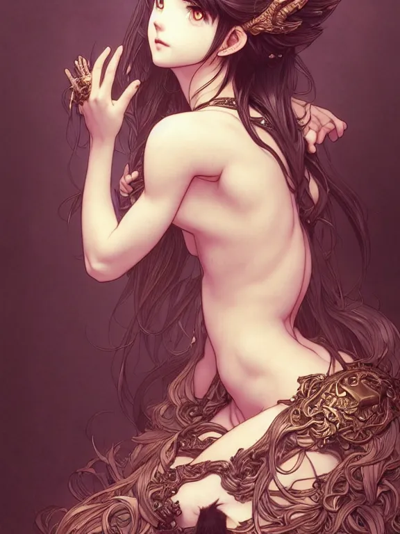 Prompt: full body picture of a girl with wolf ear sitting on the throne, bored, beautiful and aesthetic, intricate, unreal engine, messy hair, highly detailed, detailed face, smooth, sharp focus, chiaroscuro, manga illustration, artgerm, greg rutkowski, ilya kuvshinov, rossdraws, alphonse mucha, young adult light novel cover art