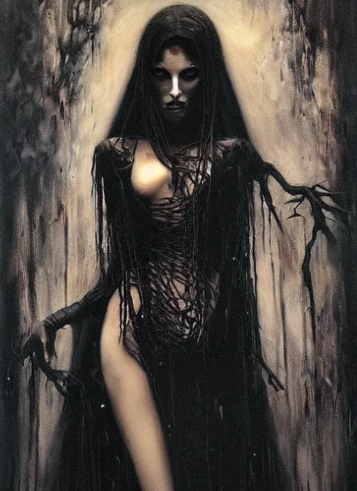 Image similar to mystic cult vampire woman, dark mystical fearful horror, dressed in black, seductive dangerous, perfect, by karol bak, nicola samori, masterpiece