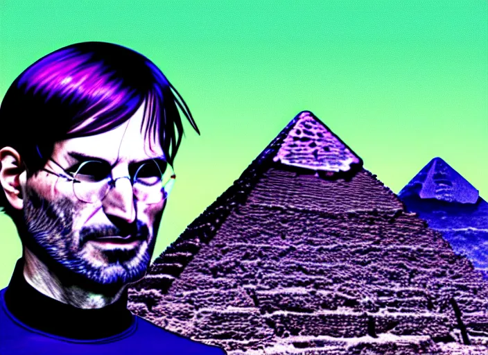 Image similar to steve jobs, a boy with purple hair and cat ears in front of the pyramids, hyperrealism, intricate, 8 k, high detail