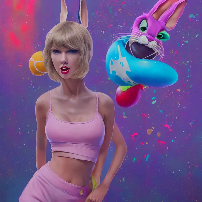 Image similar to portrait of Taylor Swift as Lola Bunny in Space Jam. bunny ears. intricate abstract. intricate artwork. by Tooth Wu, wlop, beeple, dan mumford. octane render, trending on artstation, greg rutkowski very coherent symmetrical artwork. cinematic, hyper realism, high detail, octane render, 8k, iridescent accents