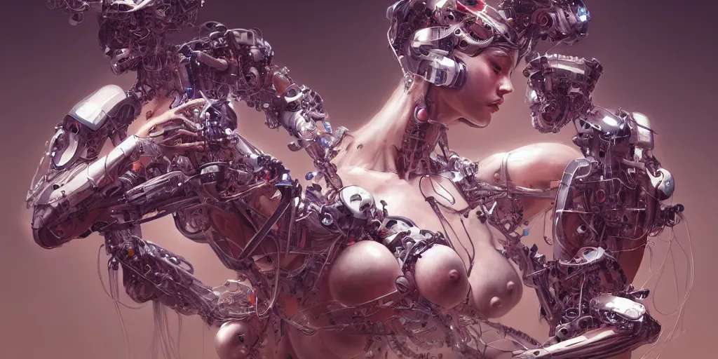 Image similar to hyperrealistic photography of a gorgeous cyborg constructing a human birthing machine in the style of Jin Kagetsu, James Jean and wlop, highly detailed, masterpiece, award-winning, sharp focus, intricate concept art, ambient lighting, 8k, artstation