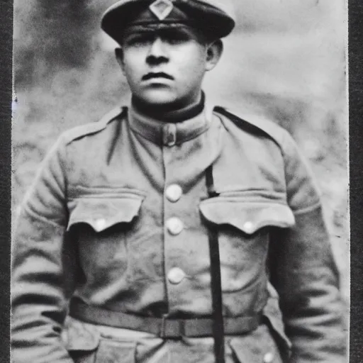 Prompt: Danny Gonzales as a soldier, ww1 trench, war photo, film grain