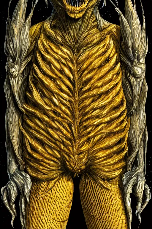 Image similar to corn humanoid figure monster, symmetrical, highly detailed, digital art, sharp focus, trending on art station, amber eyes