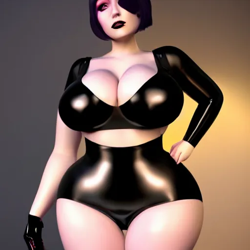 Prompt: thicc curvy feminine goth bombshell cutie with a thin waist in an elaborate polished latex onepiece outfit with stockings, cgsociety, photorealistic, sublime-classy-dignified ambience, 16k, sharp focus, trending on ArtStation, volumetric lighting, fully clothed, worksafe