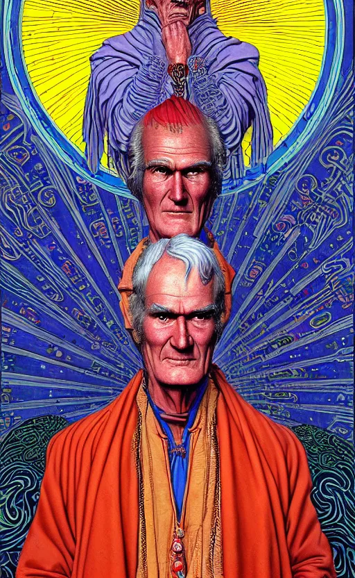 Prompt: a wickedly hilarious jean giraud work of art of timothy leary in the style of a renaissance masters portrait, mystical and new age symbolism and tibetan book of the dead imagery