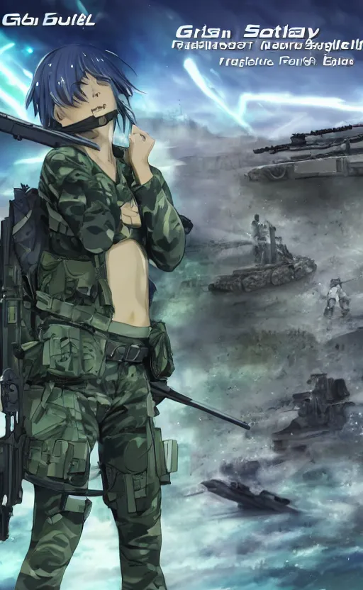 Image similar to girl, trading card front, future soldier clothing, future combat gear, realistic anatomy, concept art, professional, by ufotable anime studio, green screen, volumetric lights, stunning, military camp in the background, metal hard surfaces