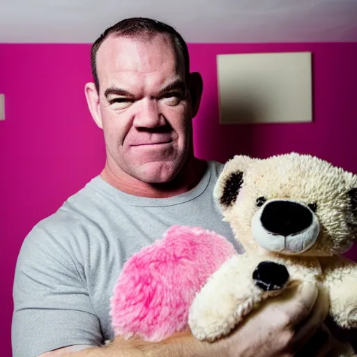 Prompt: professional portrait of Jocko Willink with pink dyed hair wearing a white sweater and holding a teddy bear in a bedroom full of boy band posters and colorful decorations, 8k, dslr,