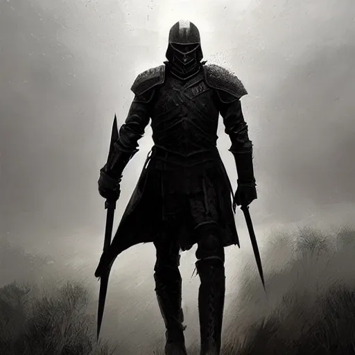 Image similar to black style knight looking like vladimir putin with a powerful weapon, fog, dramatic lighting, cinematic composition, a fantasy digital painting by greg rutkowski and james gurney, trending on artstation, highly detailed, hyperrealistic, realistic, photorealistic, dynamic lighting, highly detailed, cinematic landscape, studio lighting