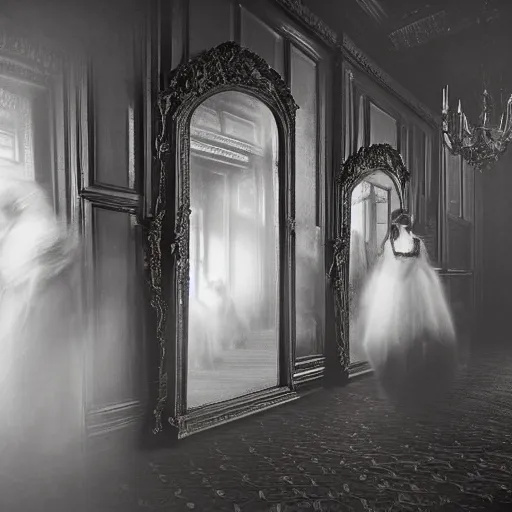 Prompt: a beautiful victorian woman is frightened by her zombie twin in a mirror. she is in a long hallway of mirrors. victorian interior, with many mirrors, twins, elegant design, haunting atmosphere, dark lighting, gothic, horror style, scary, swirling fog, volumetric lighting, by greg rutkowski, realistic, dutch angle, zombies