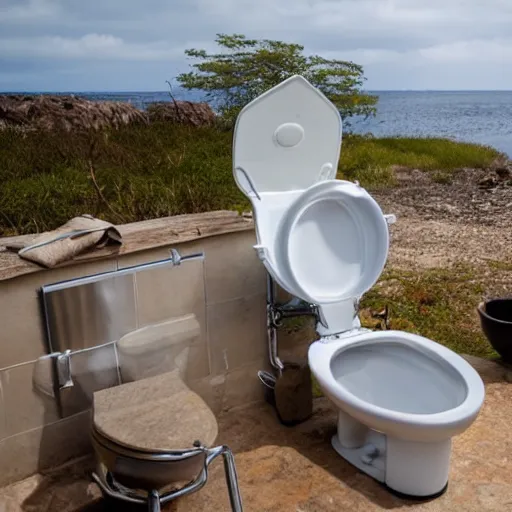 Prompt: a toilet filled with kitchen utensils instead of water, on an island, view from front