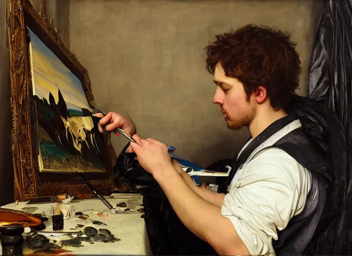 Image similar to a young painter in his studio painting a picture of a penguin, by edgar maxence and caravaggio and michael whelan and delacroix style, artistic, intricate drawing, cinematic lighting, hyper realistic, extremely detailed, establishing shot, 8 k resolution, dramatic lighting