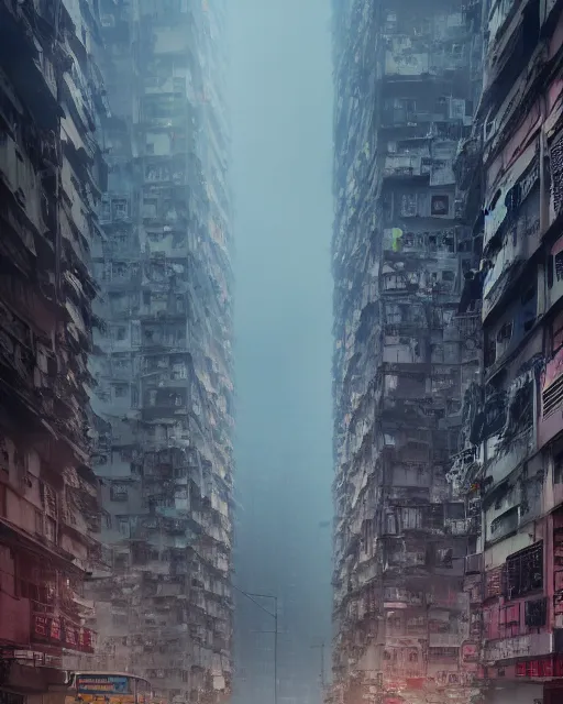 Image similar to poor buildings, hong kong buildings, kowloon, slums, night, cyberpunk, fog, rain, dramatic lighting, depressing, dystopia, trending on Artstation, 8k, highly realistic, hyper detailed, unreal engine 5, IMAX quality, realistic, cinematic, epic lighting, realistic, Matte Painting, masterpiece,