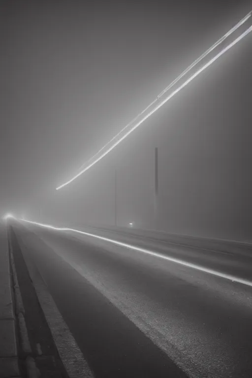 Prompt: long highway, lit by street lights, night, fog, award winning photography