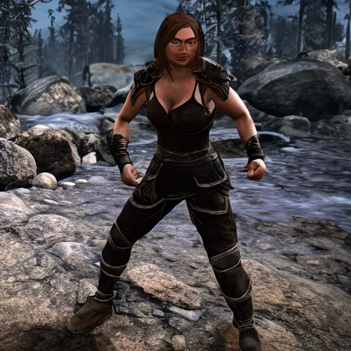 Prompt: character screenshot of ufc ronda rousey dc in skyrim, lydia armor, npc talking, wilderness, 1 0 8 0 p, bokeh, elder scrolls v, detailed, dialog text