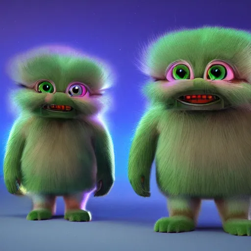 Prompt: cute colorful fuzzy alien monsters with long flowing detailed fur, detailed high quality 3 d render unreal engine in the style of maurice sendak, 4 k