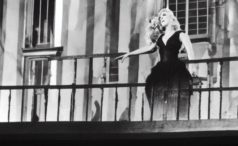 Image similar to lady gaga as Evita singing on the balcony in Evita 1996