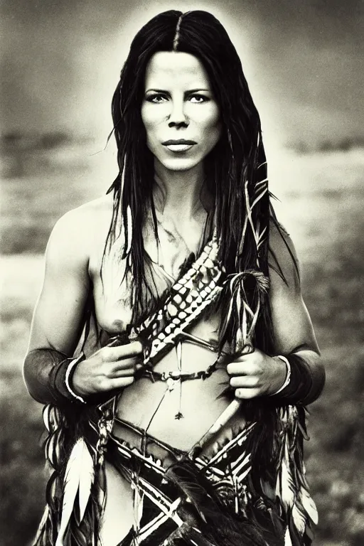 Prompt: Photo of Native American indian woman Kate Beckinsale, portrait, skilled warrior of the Apache, ancient, realistic, detailed, Kate Beckinsale