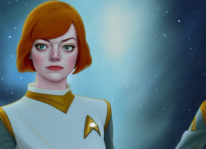 Image similar to a disney film still of emma stone as a star trek officer, finely detailed features, closeup of the face, perfect art, dusk, blue hour, gapmoe yandere grimdark, trending on pixiv fanbox, painted by greg rutkowski, makoto shinkai, takashi takeuchi, alphonse mucha, akihiko yoshida