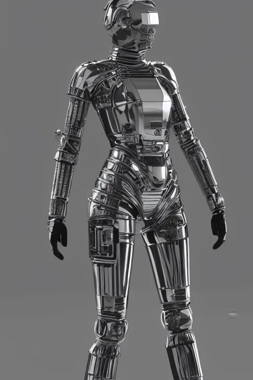 Prompt: shiny chrome female android wearing armor made out of circuits and wires, photorealistic 3 d render, unreal engine