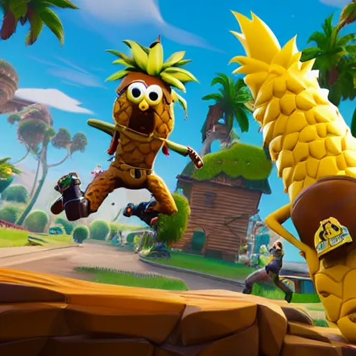 Image similar to anthropomorphic pineapple filled with beans, the bean - filled anthropomorphic pineapple is playing the video game fortnite, beans