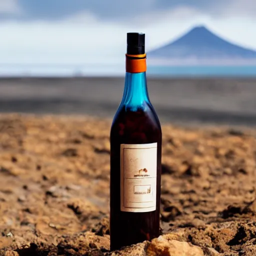 Image similar to symmetrical photo of small bottle standing, volcano background