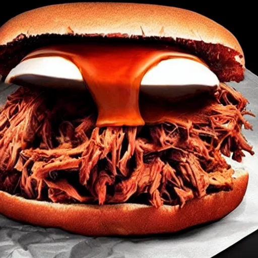 Prompt: monster that looks like a pulled pork sandwich, bbq sauce splashes, dark lighting, moonlight, horror, scary, hyper-realistic