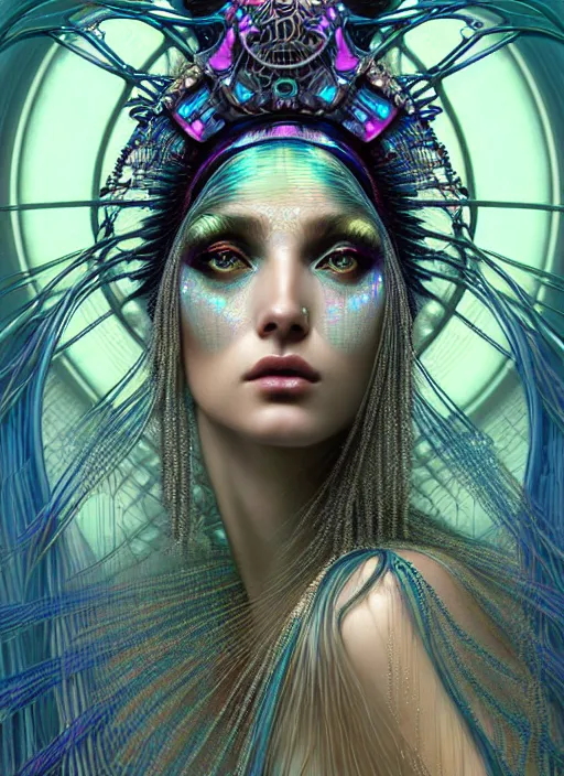 Prompt: hyperrealistic detailed portrait of a beautiful goddess in an iridescent cyber headdress, intricate cyberpunk make - up, art by android jones, john william godward, nekro borja, alphonso mucha, h. r. giger, ornamental gothic - cyberpunk,