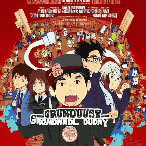 Image similar to groundhog day movie poster, anime artwork, studio ghibli, stylized in an anime format, 4 k quality, trending on artstation