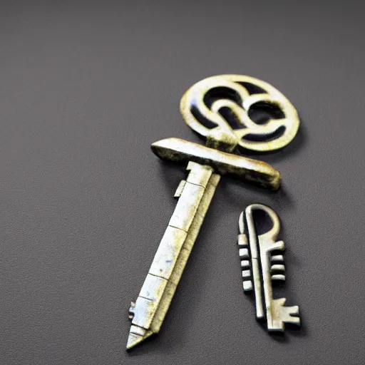 Prompt: a stylised old metal key, key is on the center of the image, rpg game inventory item, on the white background