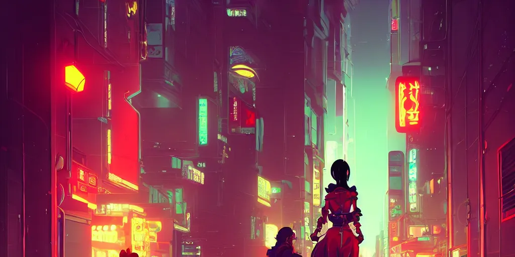 Prompt: digital illustration of cyberpunk geisha in city street at night by makoto shinkai, ilya kuvshinov, lois van baarle, rossdraws, basquiat | afrofuturism, in the style of hearthstone, trending on artstation | cool color scheme