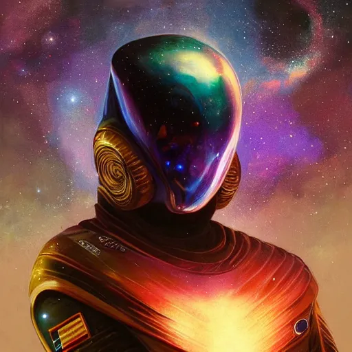 Image similar to Portrait of a cosmic god, space suit made of stars, galaxy and nebulas, intricate, cinematic lighting, highly detailed, digital painting, artstation, concept art, smooth, sharp focus, illustration, art by Artgerm and Greg Rutkowski