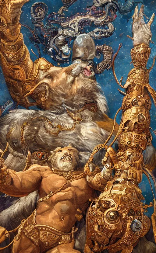 Image similar to mural of a bear beast-man, sci fi weapon, royal ornaments, reaching towards the heavens, sci fi world, holy imagery, highly detailed, beautiful colors, renaissance mural, mural in the style of sandro boticceli, sandro boticceli