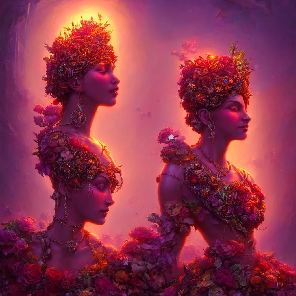 Image similar to Beautiful 3d render of the flower queen goddess in a sensual pose, atmospheric lighting, painted, intricate, volumetric lighting, beautiful, rich deep colours masterpiece, sharp focus, ultra detailed, in the style of Dan Mumford and marc simonetti, with a crowded futuristic cyberpunk city in the background, astrophotgraphy