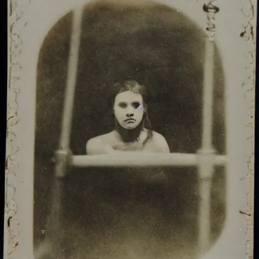 Image similar to tintype photo, female in a cage, underwater, jellyfish