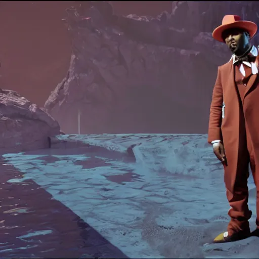 Image similar to Kanye West as willy wonka in fallout new vegas, splash art, movie still, cinematic lighting, dramatic, octane render, long lens, shallow depth of field, bokeh, anamorphic lens flare, 8k, hyper detailed, 35mm film grain