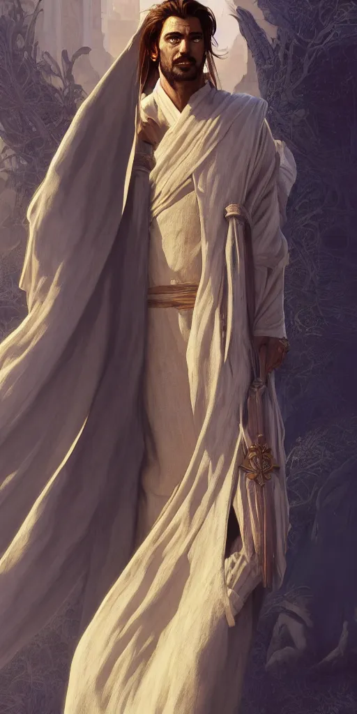 Prompt: charismatic male mage, viscount, linen robe, ancient, sand, indigo, intricate, highly detailed, digital painting, artstation, concept art, smooth, sharp focus, illustration, Unreal Engine 5, 8K, art by artgerm and greg rutkowski and alphonse mucha