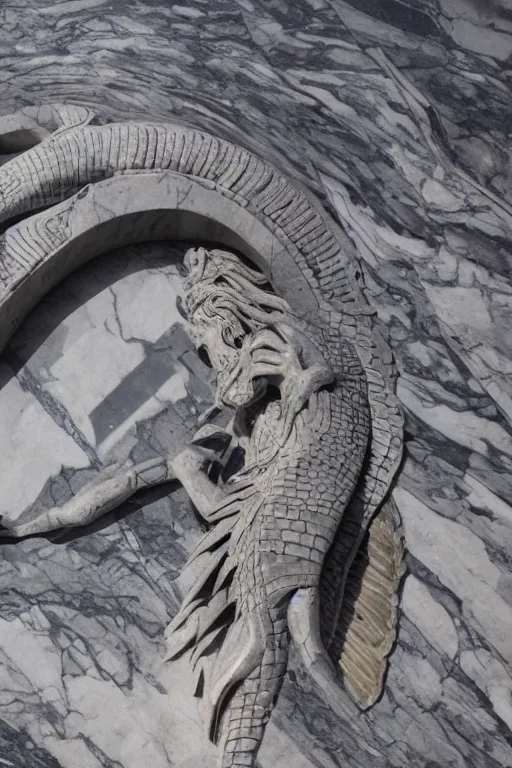 Prompt: epic and dramatic view of quetzalcoatl statue made in albeta marble showing cracks in his full body, realistic and ultra detailed, 8 k