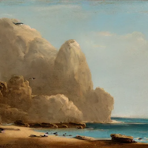 Image similar to A coast with sand and small rocks with a blue sky and a troubled sea and an old sailing ship on the horizon and in the sky is a flock of birds flying southwards, painted in oil colours