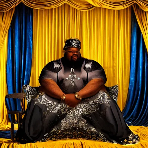 Image similar to Large black man sitting on throne wrapped in silk, background made of large folding curtains, blacklight lighting, dark, hyper detailed, hyper realistic, 8K phot realistic,