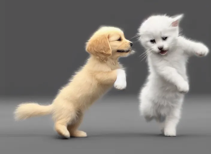 Image similar to A very cute tiny golden retriever puppy and a very tiny and cute white kitten dancing, artstation, r/aww