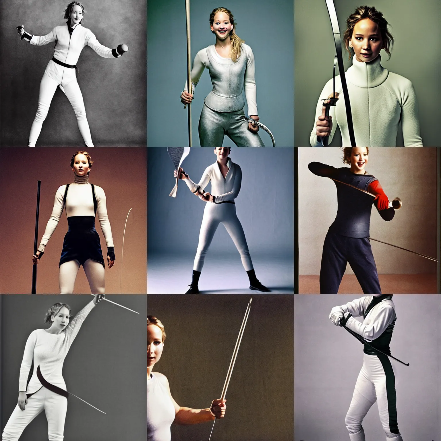 Prompt: Jennifer Lawrence as a fencer, holding an epée toward the camera, smiling, photo by Annie Leibovitz