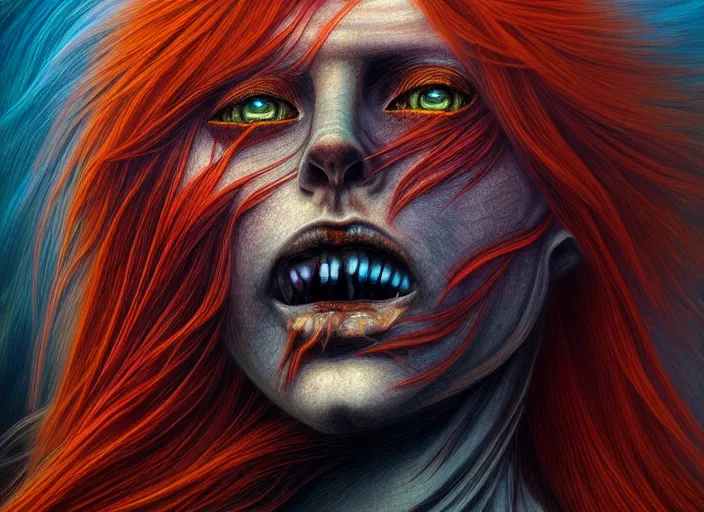 Image similar to realistic detailed image of a female Amazon warrior auburn hair blowing in an angry, stormy mountain top, anime art, anime, inspired by H.R. Giger and Zdzislaw Beksinski, gothic, rich deep colors. A masterpiece.