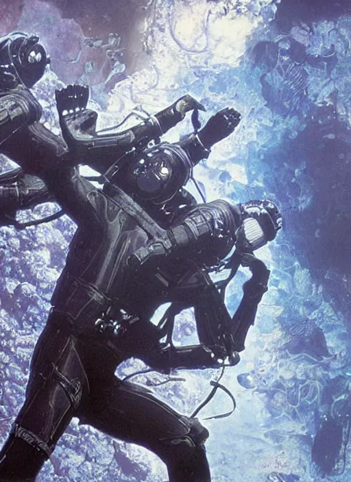 Image similar to astronauts divers in dark void underwater - complex and hyperdetailed technical suit design. reflection and dispersion materials. rays and dispersion of light. volumetric light. f / 3 2. noise film photo. flash photography. ultra realistic, 5 0 mm. poster by wayne barlowe, hajime sorayama aaron horkey, craig mullins