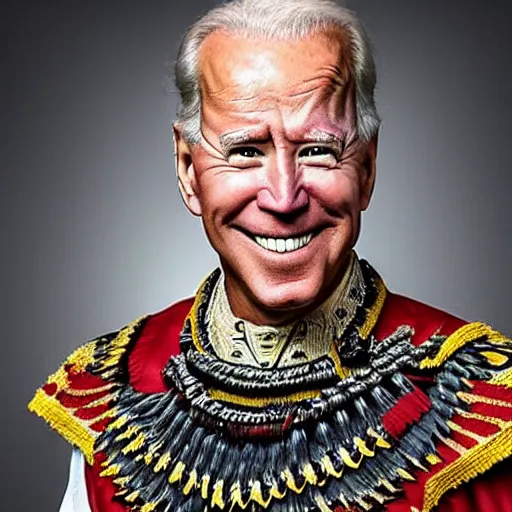 Prompt: portrait photo of joe biden as an ancient aztec warrior