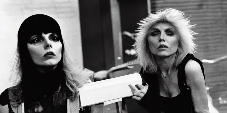 Prompt: Cinematography of Heart Of Glass era Debbie Harry in 1981 on the set of The Muppet show